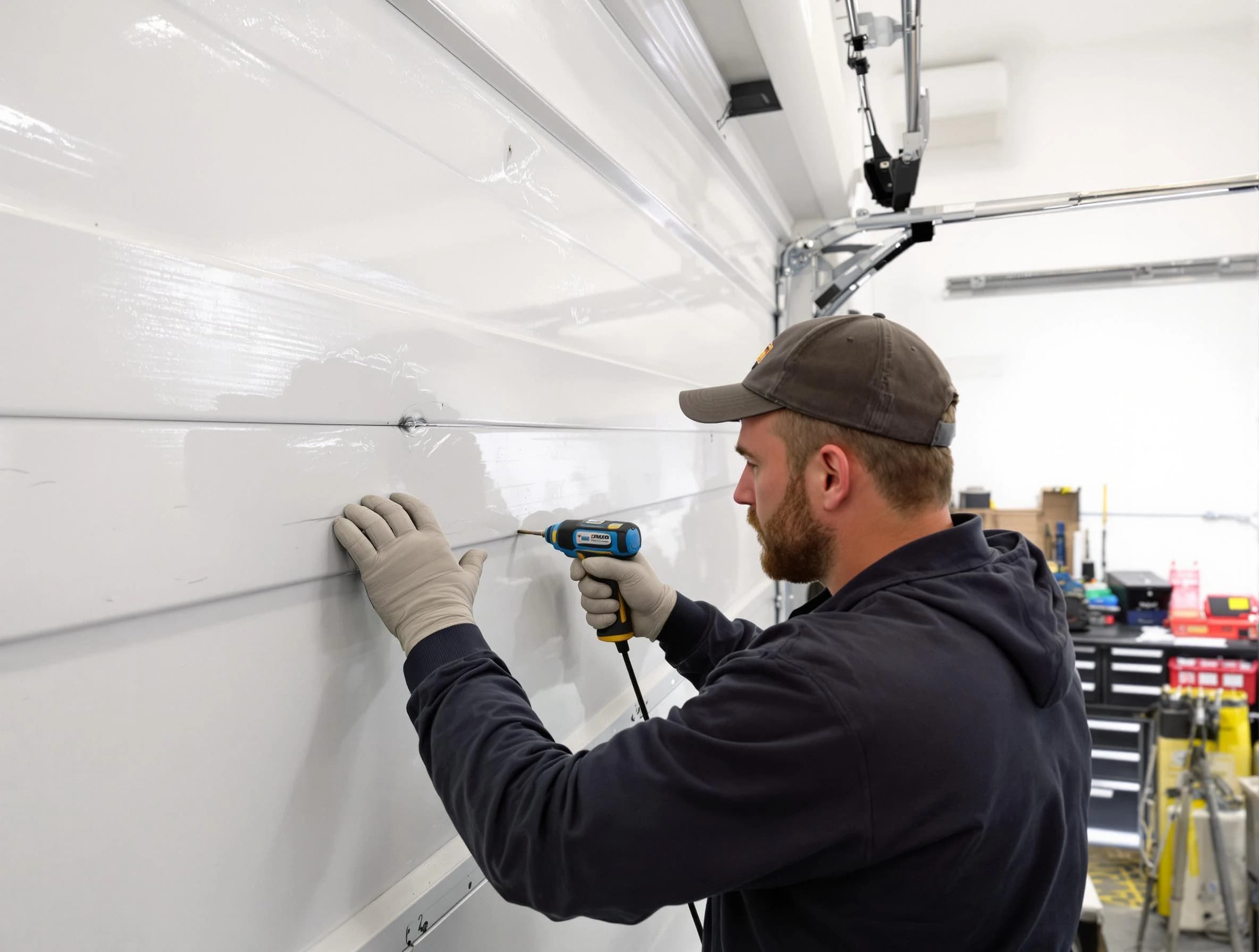 Albuquerque Garage Door Repair technician demonstrating precision dent removal techniques on a Albuquerque garage door